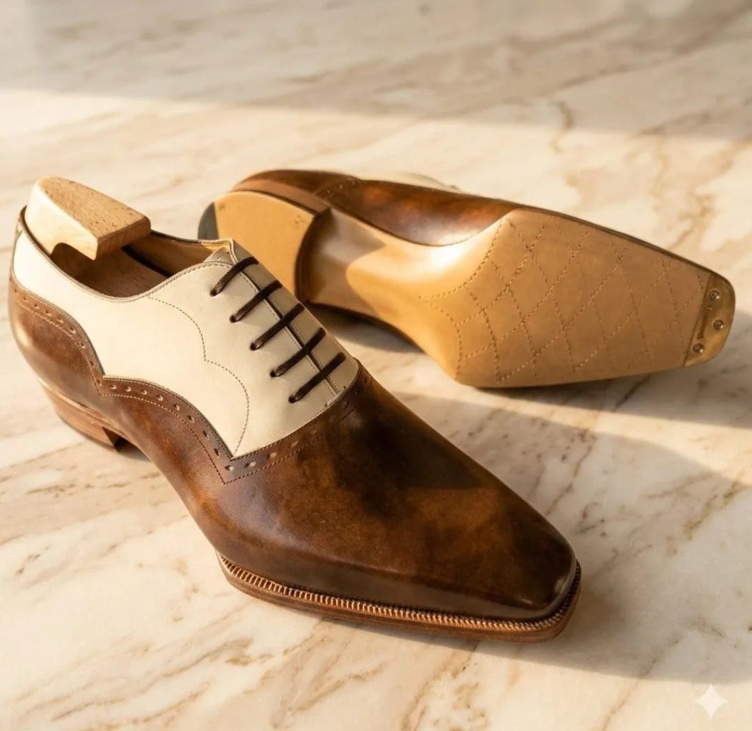 Premium Two-Tone Handmade Leather Oxford Shoes – Brown & Ivory