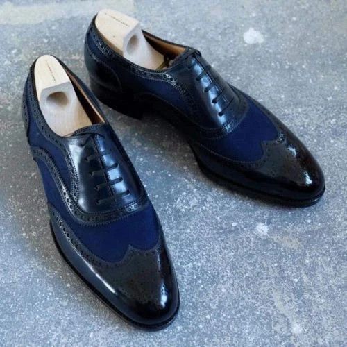 Men's Navy Blue & Black Patent Leather Wingtip Oxford Dress Shoes.