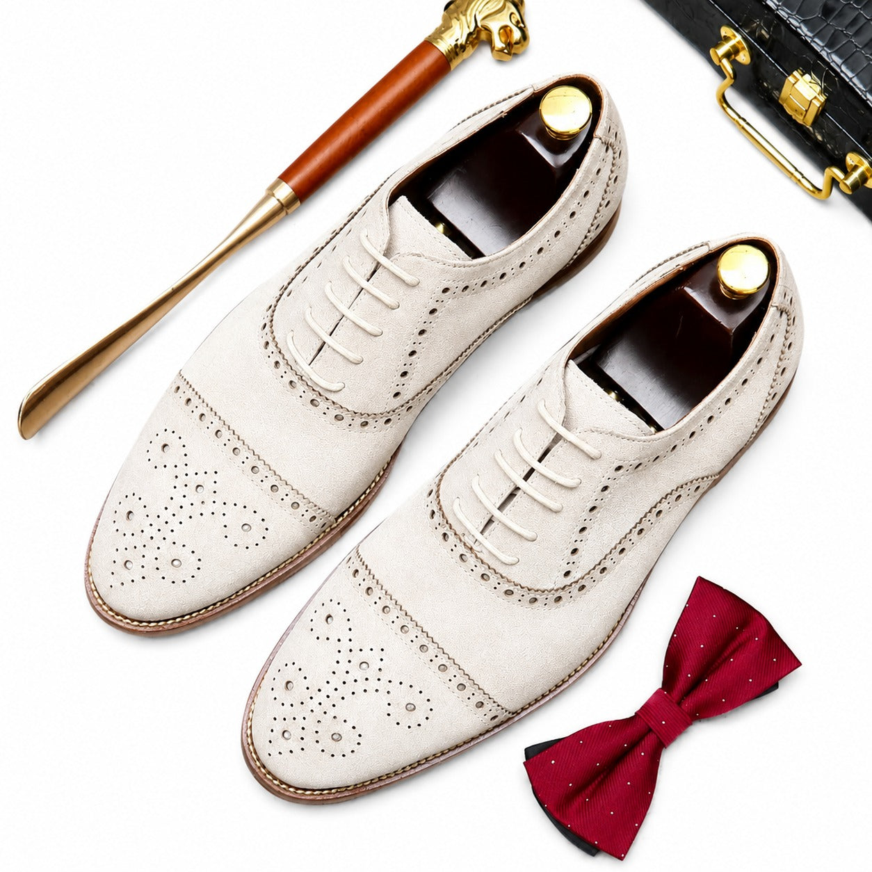 Premium White Suede Brogue Oxford Shoes for Men – Elegant Formal Dress Shoes