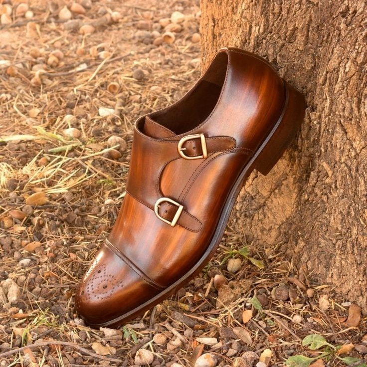 Handcrafted Burnished Brown Double Monk Strap Leather Dress Shoes.