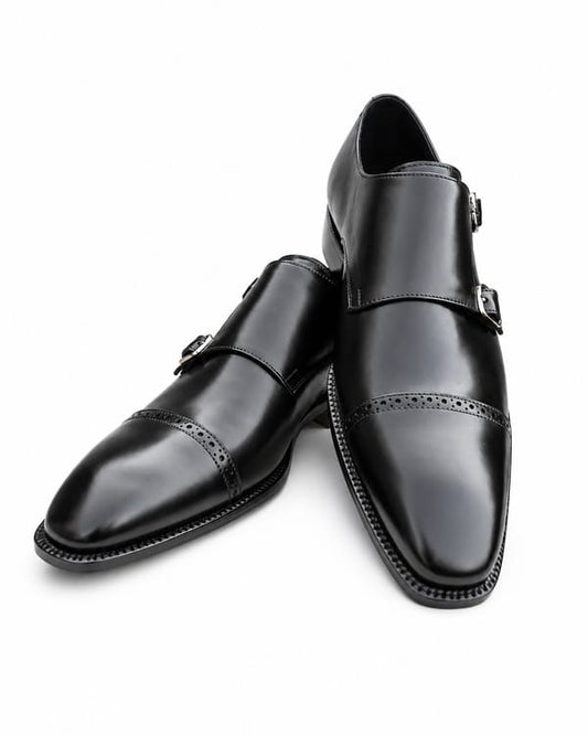 Premium Black Double Monk Strap Leather Shoes
