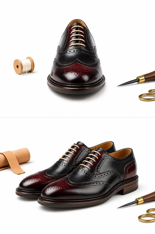 Premium Handcrafted Wingtip Leather Oxford Shoes – Black & Burgundy