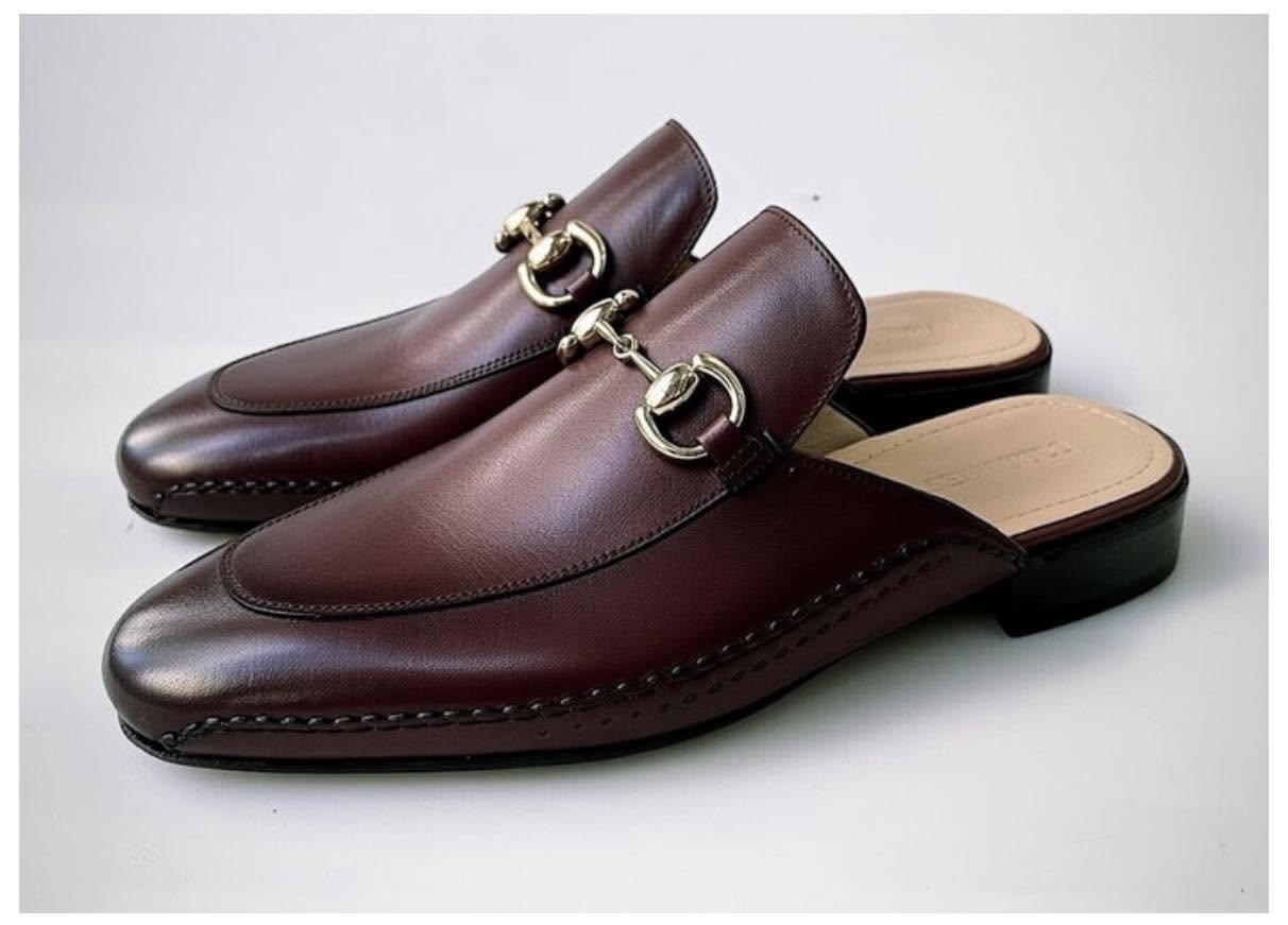 Men's Classic Brown Leather Horsebit Mules .