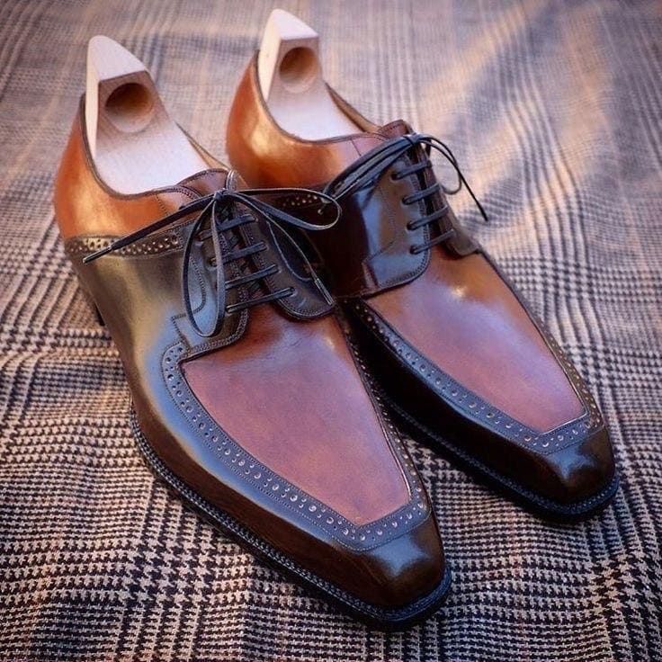 Handcrafted Two-Tone Leather Apron Derby Shoes – Square Toe Brogue Dress Shoes