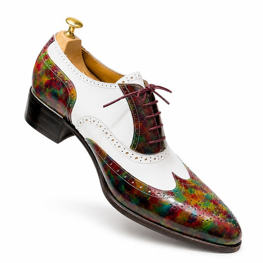 Luxury Multicolor Patina & White Leather Wingtip Oxford Shoes – Handcrafted Brogue Dress Shoes.
