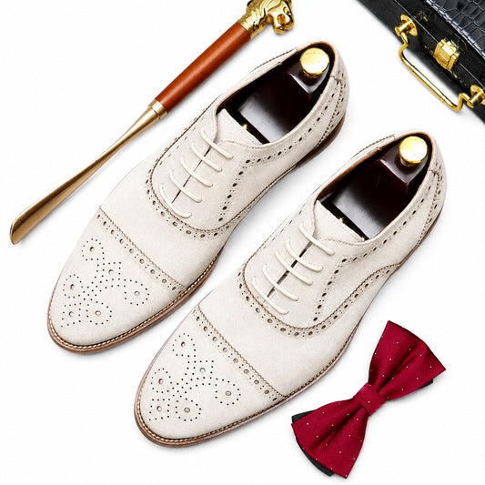 Premium White Suede Brogue Oxford Shoes for Men – Elegant Formal Dress Shoes