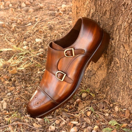 Handcrafted Burnished Brown Double Monk Strap Leather Dress Shoes